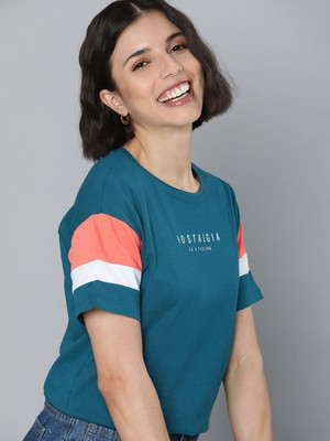 Patche Colorblock Women Round Neck Blue, White T-Shirt