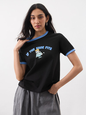 The Souled Store Cartoon Women Round Neck Black T-Shirt