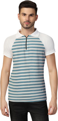 tfurnish Striped Men Polo Neck Blue T-Shirt