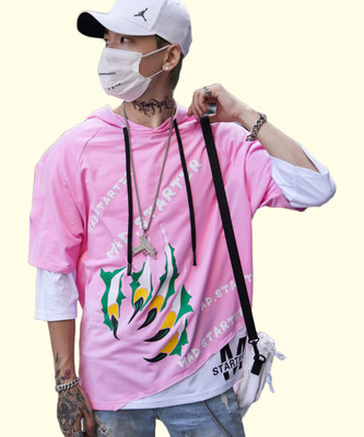 London Hills Striped Men Hooded Neck Pink T-Shirt