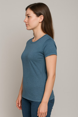 F65 Solid Women Round Neck Blue T-Shirt