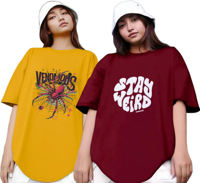 R S Fashion Printed Women Round Neck Yellow, Maroon T-Shirt