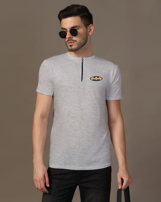 Lawful Casual Printed Men Mandarin Collar Silver T-Shirt