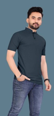 MAANU Solid Men Mandarin Collar Grey T-Shirt