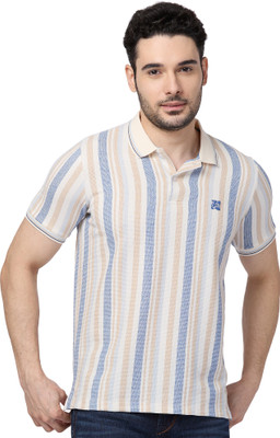 KILLER Striped Men Polo Neck Blue T-Shirt