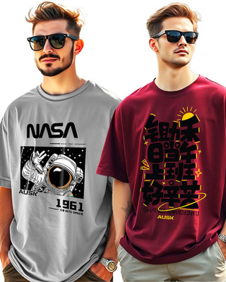 AUSK Printed Men Round Neck Maroon, Grey T-Shirt