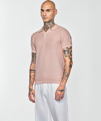 Snitch Self Design Men Polo Neck Pink T-Shirt