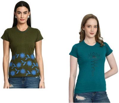 IndiWeaves Printed Women Round Neck Multicolor T-Shirt