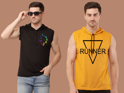 Mundali Printed Men Hooded Neck Black, Yellow T-Shirt