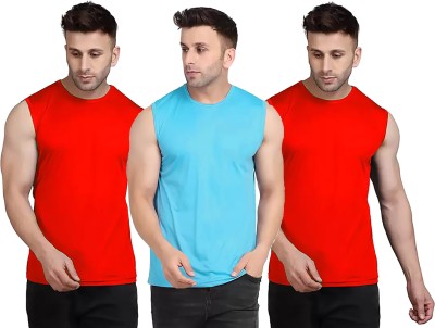 Think Tech Solid Men Round Neck Red, Light Blue T-Shirt