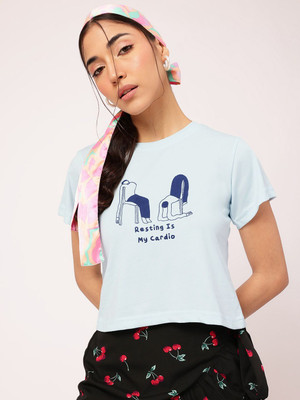 Dressberry Printed Women Round Neck Blue T-Shirt