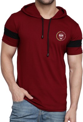 WOOSTRO Printed Men Hooded Neck Maroon T-Shirt