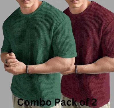 BOOM BAAM Solid Men Round Neck Brown, Maroon T-Shirt