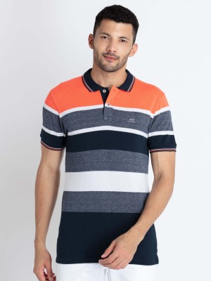 Status Quo Striped Men Polo Neck Navy Blue T-Shirt