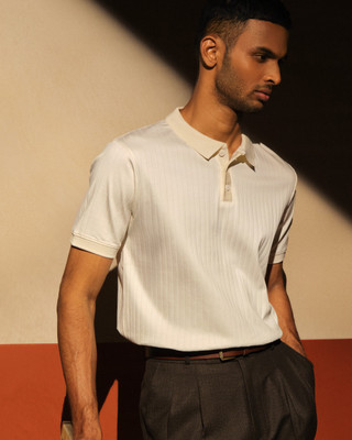 Algenses Solid Men Polo Neck Beige T-Shirt