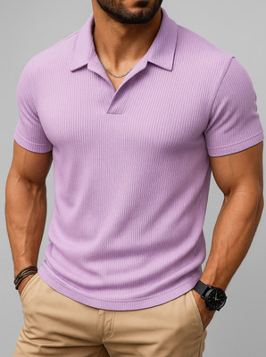 HouseOfCommon Self Design Men Polo Neck Purple T-Shirt