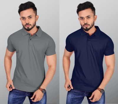 INDICLUB Solid Men Polo Neck Grey, Blue T-Shirt