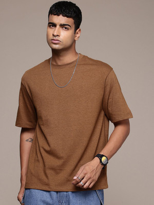 R.Code by The Roadster Life Co. Solid Men Round Neck Brown T-Shirt