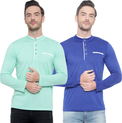 JB Jagoboy Solid Men Henley Neck Dark Blue, Light Green T-Shirt