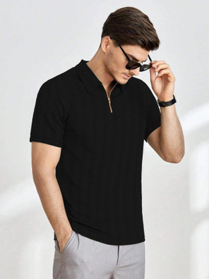 TEMUK Self Design Men Polo Neck Black T-Shirt