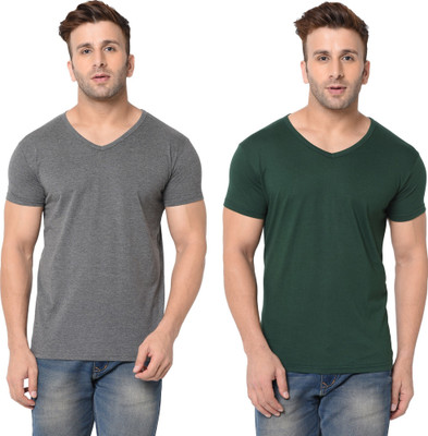 Tresna Fab Solid Men V Neck Dark Green, Grey T-Shirt