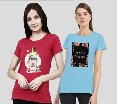 METRONAUT Printed Women Round Neck Light Blue, Red T-Shirt