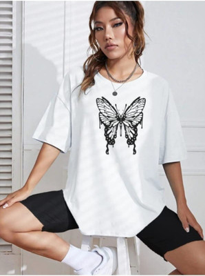 MAKHKHA Printed Women Round Neck White T-Shirt