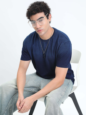 SHOWOFFFF Solid Men Round Neck Navy Blue T-Shirt