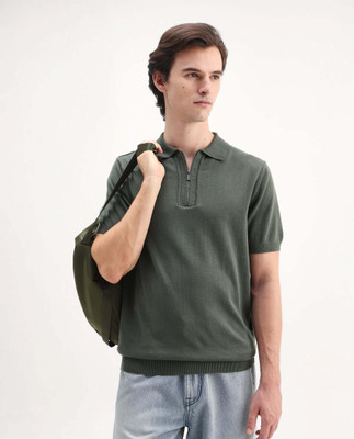 RARE RABBIT Solid Men Polo Neck Dark Green T-Shirt
