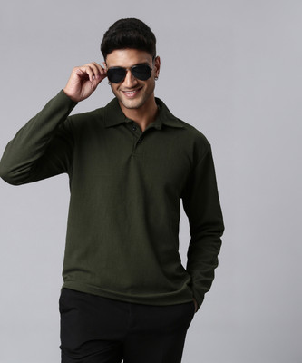 LEWEL Solid Men Polo Neck Green T-Shirt