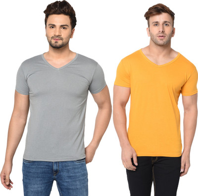 Tresna Trending Solid Men V Neck Grey, Yellow T-Shirt