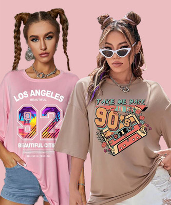 Christy World Printed Women Round Neck Pink, Brown T-Shirt