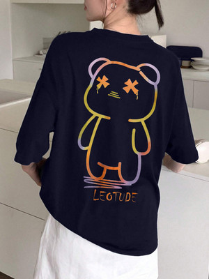 Leotude Printed Women Round Neck Navy Blue T-Shirt