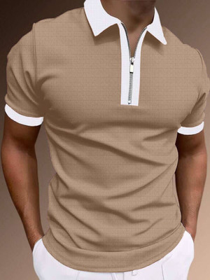 HPD Self Design Men Zip Neck Beige T-Shirt