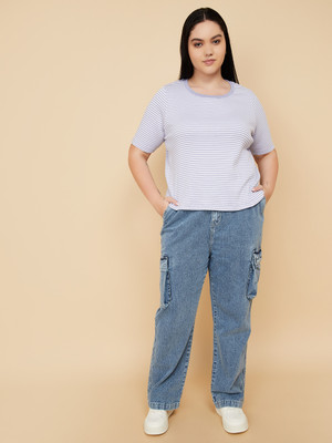 MAX Striped Women Round Neck Purple, White T-Shirt