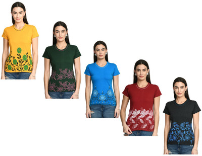 KAVYA Printed Women Round Neck Multicolor T-Shirt