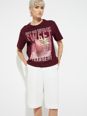 MAX Printed Women Round Neck Maroon T-Shirt
