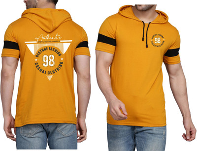 WOOSTRO Printed Men Hooded Neck Yellow, White T-Shirt
