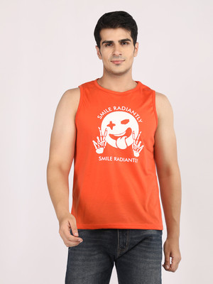ETC Printed Men Round Neck Orange T-Shirt