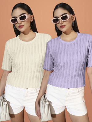 SOMVATI Self Design Women Round Neck Yellow T-Shirt