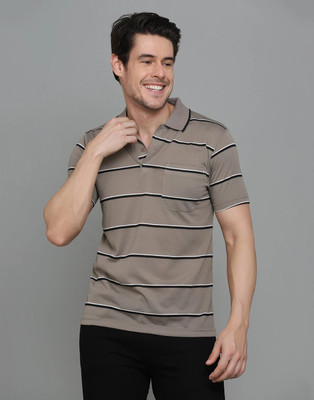 INKKR Striped Men Polo Neck Beige T-Shirt
