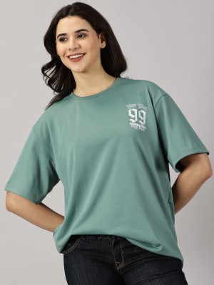 Diversify Typography, Solid Women Round Neck Green T-Shirt