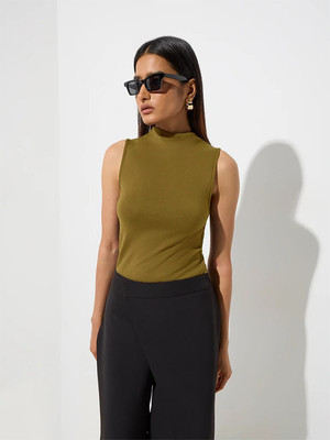 KOTTY Solid Women High Neck Brown T-Shirt