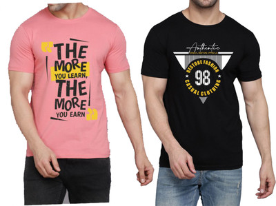 WOOSTRO Printed Men Round Neck Pink, Black T-Shirt