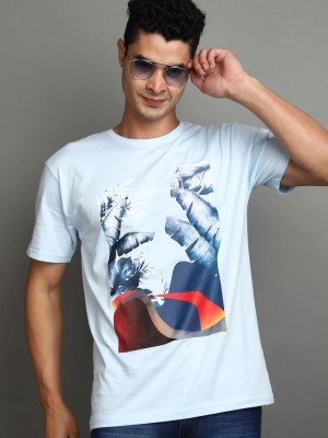 V-MART Printed Men Round Neck Light Blue T-Shirt