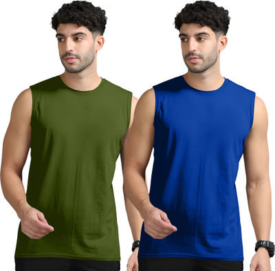 Adorbs Solid Men Round Neck Dark Green, Dark Blue T-Shirt