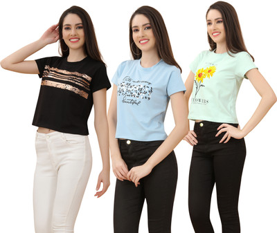 DEE LEAF Printed Women Round Neck Light Blue, Black, Light Green T-Shirt