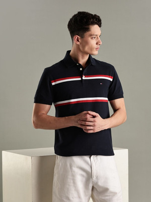 TOMMY HILFIGER Striped Men Polo Neck Black T-Shirt