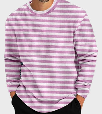 TEMUK Striped Men Round Neck Pink T-Shirt