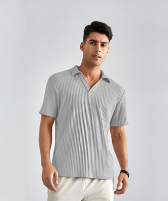 FARROWX Striped Men Polo Neck Silver T-Shirt